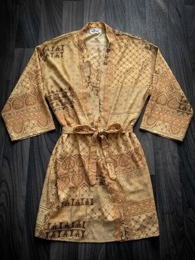 ⁠Silk Sari Kimono Robe Metallic Gold Shimmer Paisley Boho One Size